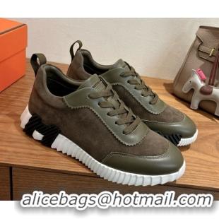 Shop Duplicate Hermes Bouncing Sneakers in Suede and Calfskin Leather Dark Green 1024016