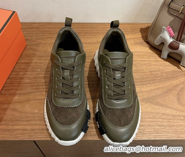 Shop Duplicate Hermes Bouncing Sneakers in Suede and Calfskin Leather Dark Green 1024016
