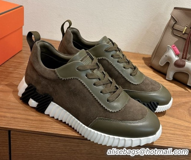 Shop Duplicate Hermes Bouncing Sneakers in Suede and Calfskin Leather Dark Green 1024016