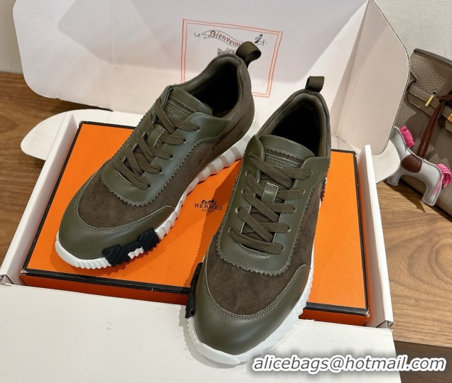Shop Duplicate Hermes Bouncing Sneakers in Suede and Calfskin Leather Dark Green 1024016