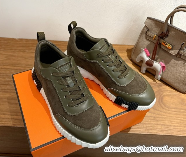 Shop Duplicate Hermes Bouncing Sneakers in Suede and Calfskin Leather Dark Green 1024016