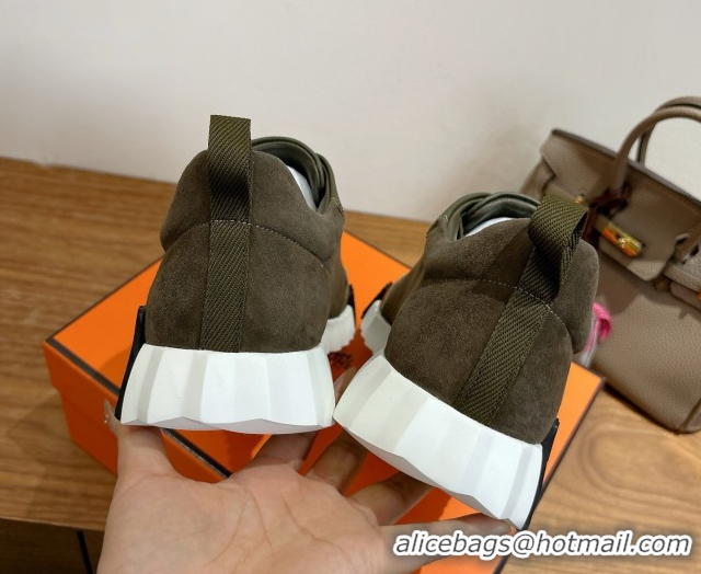 Shop Duplicate Hermes Bouncing Sneakers in Suede and Calfskin Leather Dark Green 1024016