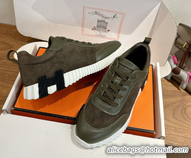 Shop Duplicate Hermes Bouncing Sneakers in Suede and Calfskin Leather Dark Green 1024016