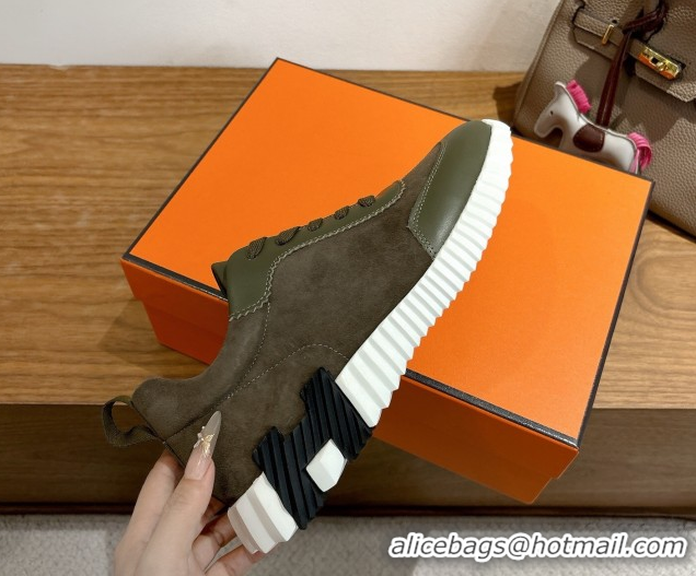 Shop Duplicate Hermes Bouncing Sneakers in Suede and Calfskin Leather Dark Green 1024016
