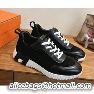 Luxurious Hermes Bouncing Sneakers in Suede and Calfskin Leather Black/White 51024017