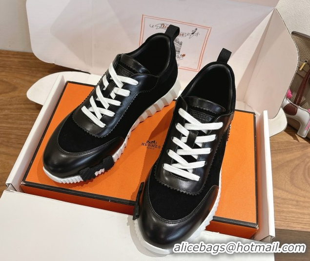 Luxurious Hermes Bouncing Sneakers in Suede and Calfskin Leather Black/White 51024017