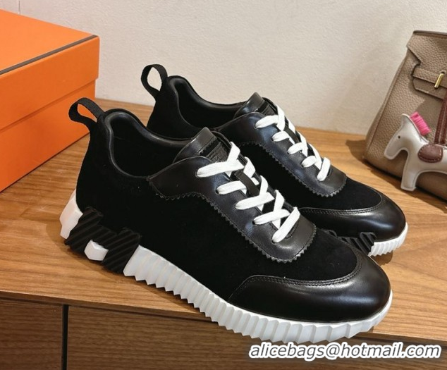 Luxurious Hermes Bouncing Sneakers in Suede and Calfskin Leather Black/White 51024017