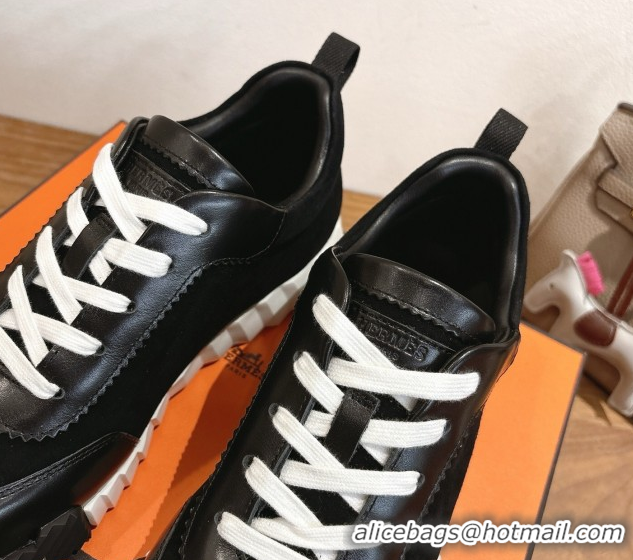 Luxurious Hermes Bouncing Sneakers in Suede and Calfskin Leather Black/White 51024017