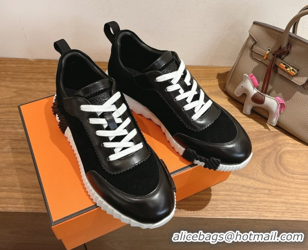 Luxurious Hermes Bouncing Sneakers in Suede and Calfskin Leather Black/White 51024017