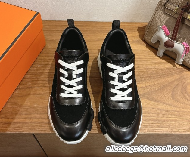 Luxurious Hermes Bouncing Sneakers in Suede and Calfskin Leather Black/White 51024017
