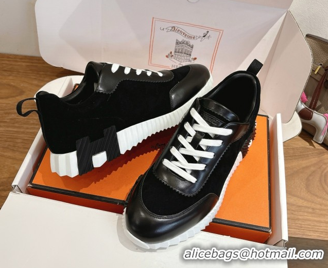 Luxurious Hermes Bouncing Sneakers in Suede and Calfskin Leather Black/White 51024017