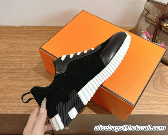 Luxurious Hermes Bouncing Sneakers in Suede and Calfskin Leather Black/White 51024017