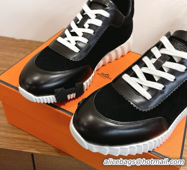 Luxurious Hermes Bouncing Sneakers in Suede and Calfskin Leather Black/White 51024017