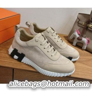 Best Grade Hermes Bouncing Sneakers in Suede and Calfskin Leather Beige 1024018