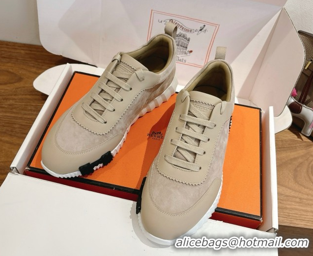 Best Grade Hermes Bouncing Sneakers in Suede and Calfskin Leather Beige 1024018
