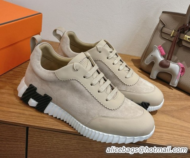 Best Grade Hermes Bouncing Sneakers in Suede and Calfskin Leather Beige 1024018
