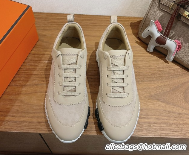 Best Grade Hermes Bouncing Sneakers in Suede and Calfskin Leather Beige 1024018