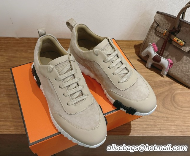 Best Grade Hermes Bouncing Sneakers in Suede and Calfskin Leather Beige 1024018