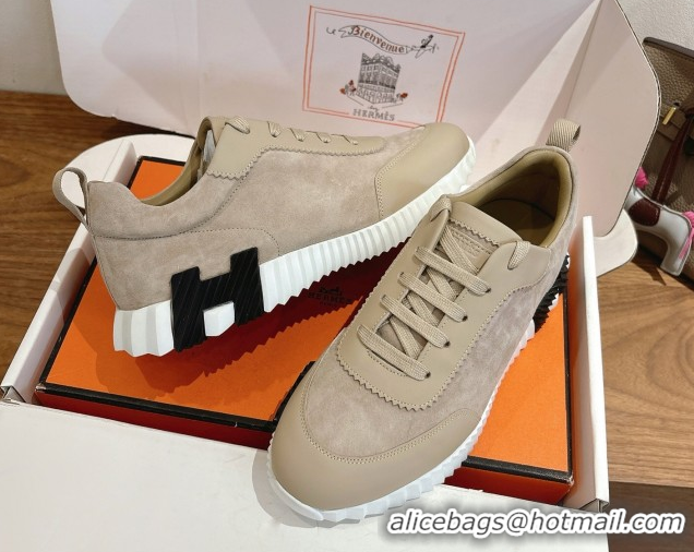 Best Grade Hermes Bouncing Sneakers in Suede and Calfskin Leather Beige 1024018