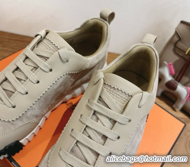 Best Grade Hermes Bouncing Sneakers in Suede and Calfskin Leather Beige 1024018