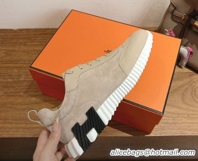 Best Grade Hermes Bouncing Sneakers in Suede and Calfskin Leather Beige 1024018
