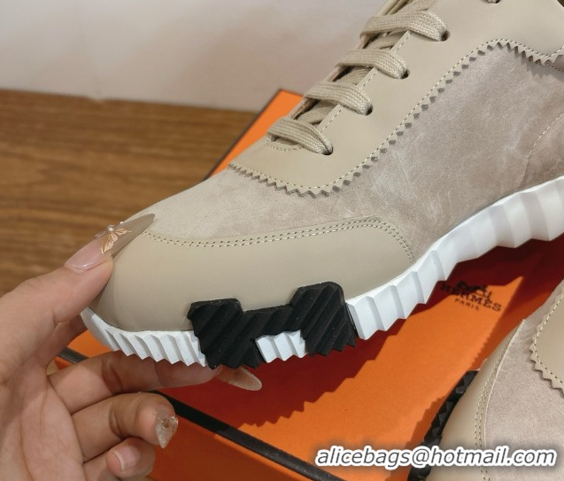 Best Grade Hermes Bouncing Sneakers in Suede and Calfskin Leather Beige 1024018