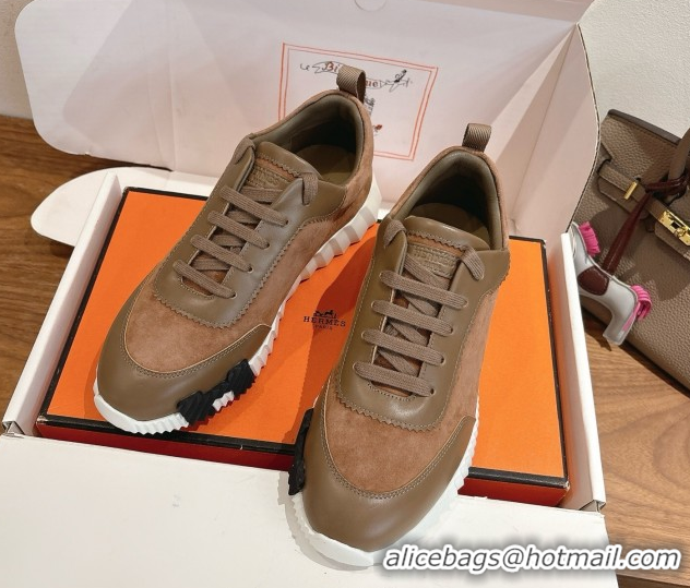 Top Design Hermes Bouncing Sneakers in Suede and Calfskin Leather Dark Brown 1024020