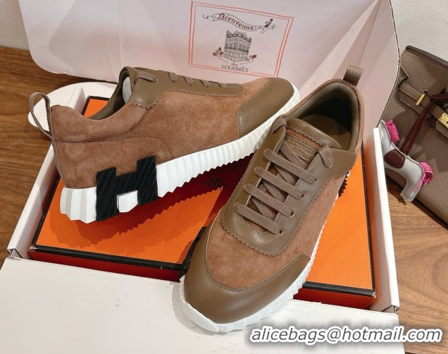 Top Design Hermes Bouncing Sneakers in Suede and Calfskin Leather Dark Brown 1024020