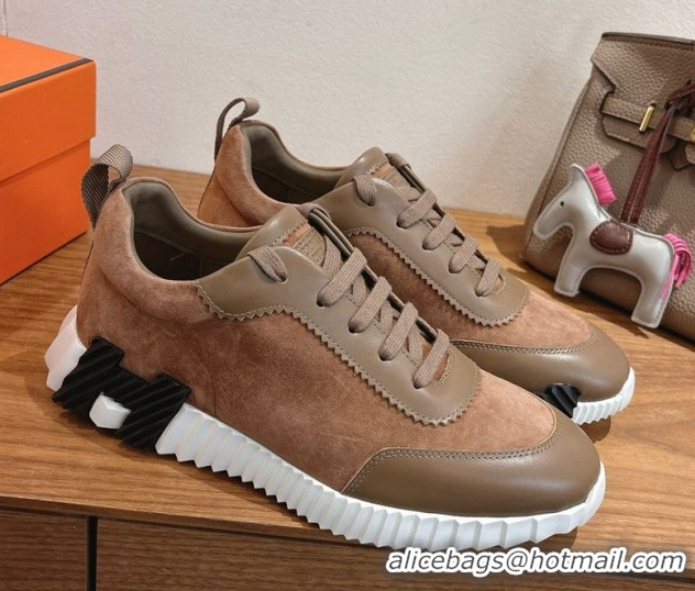 Top Design Hermes Bouncing Sneakers in Suede and Calfskin Leather Dark Brown 1024020