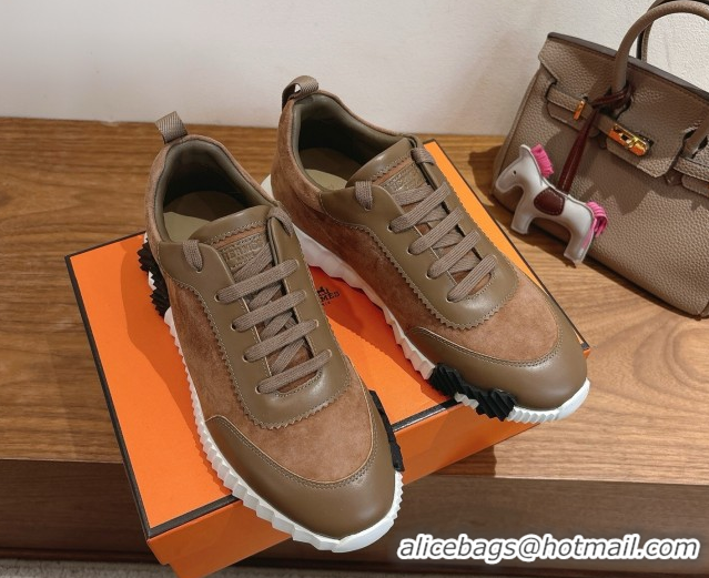 Top Design Hermes Bouncing Sneakers in Suede and Calfskin Leather Dark Brown 1024020