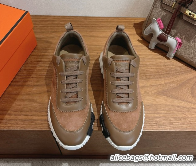 Top Design Hermes Bouncing Sneakers in Suede and Calfskin Leather Dark Brown 1024020
