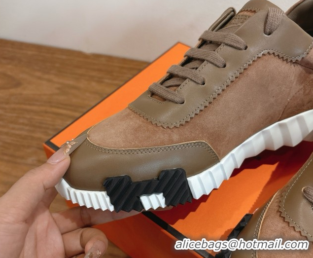 Top Design Hermes Bouncing Sneakers in Suede and Calfskin Leather Dark Brown 1024020