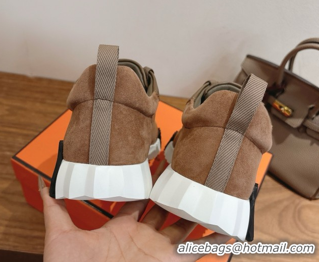 Top Design Hermes Bouncing Sneakers in Suede and Calfskin Leather Dark Brown 1024020