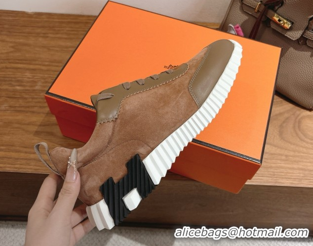 Top Design Hermes Bouncing Sneakers in Suede and Calfskin Leather Dark Brown 1024020