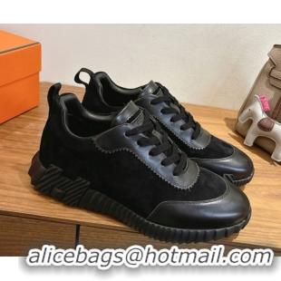 Durable Hermes Bouncing Sneakers in Suede and Calfskin Leather All Black 1024021
