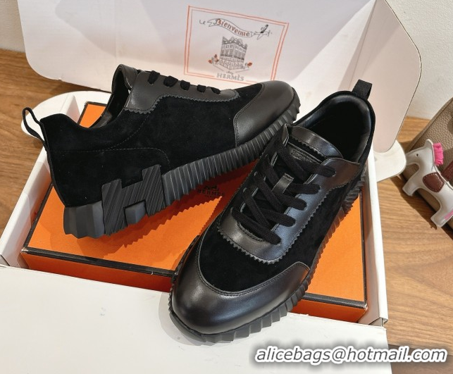 Durable Hermes Bouncing Sneakers in Suede and Calfskin Leather All Black 1024021
