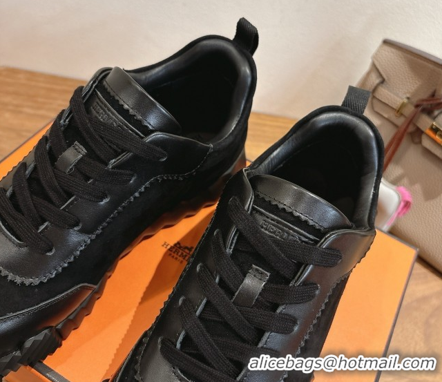 Durable Hermes Bouncing Sneakers in Suede and Calfskin Leather All Black 1024021