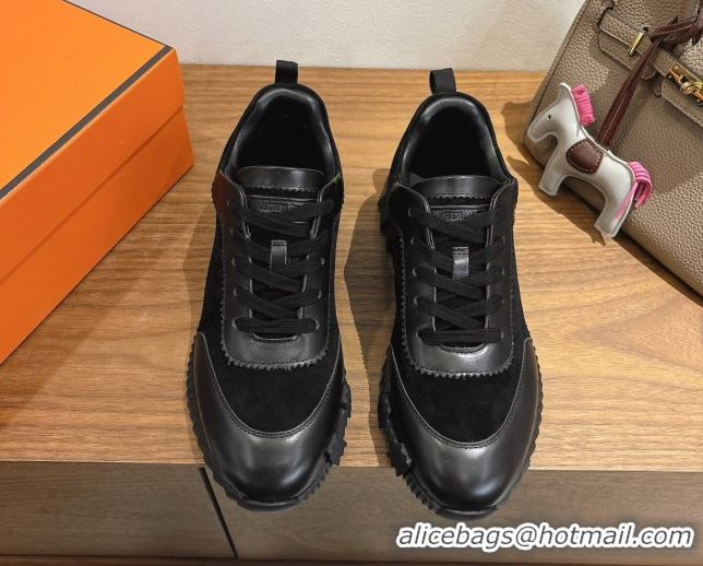 Durable Hermes Bouncing Sneakers in Suede and Calfskin Leather All Black 1024021