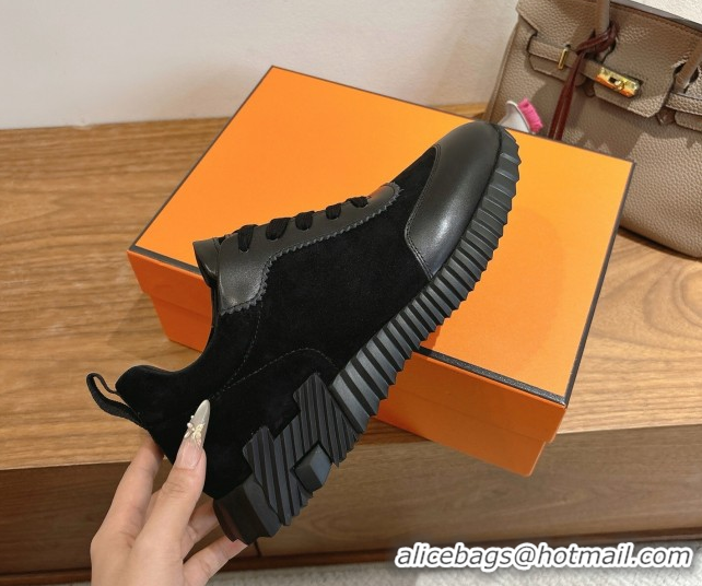 Durable Hermes Bouncing Sneakers in Suede and Calfskin Leather All Black 1024021