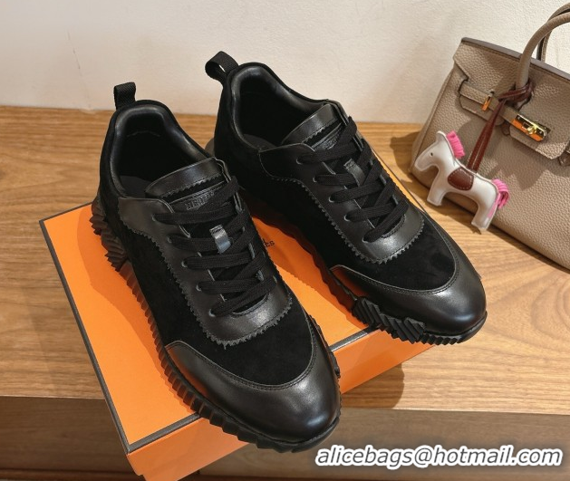 Durable Hermes Bouncing Sneakers in Suede and Calfskin Leather All Black 1024021