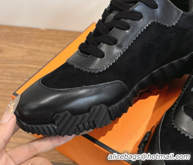 Durable Hermes Bouncing Sneakers in Suede and Calfskin Leather All Black 1024021