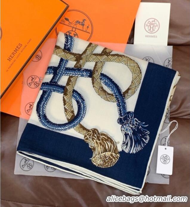 Luxury Discount Hermes Cord Printed Silk Cashmere Square Scarf 140cm H111137 Blue 2025