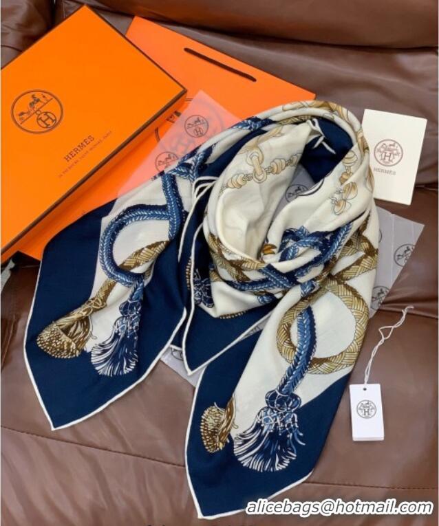 Luxury Discount Hermes Cord Printed Silk Cashmere Square Scarf 140cm H111137 Blue 2025
