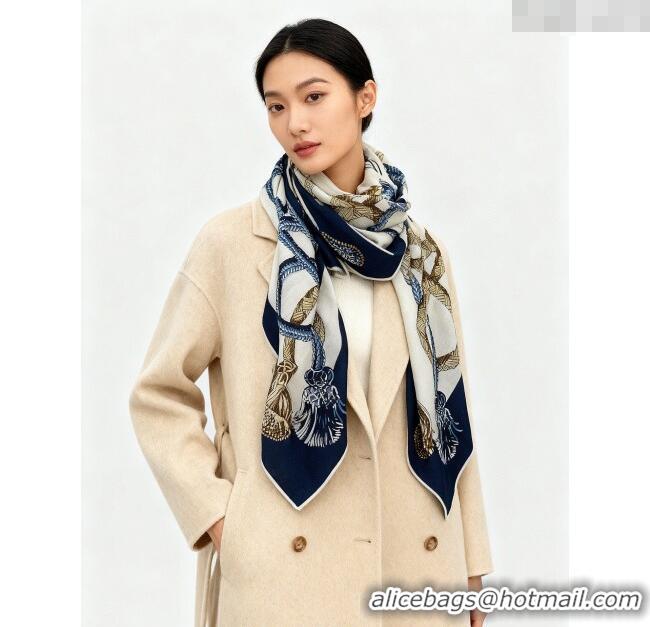 Luxury Discount Hermes Cord Printed Silk Cashmere Square Scarf 140cm H111137 Blue 2025
