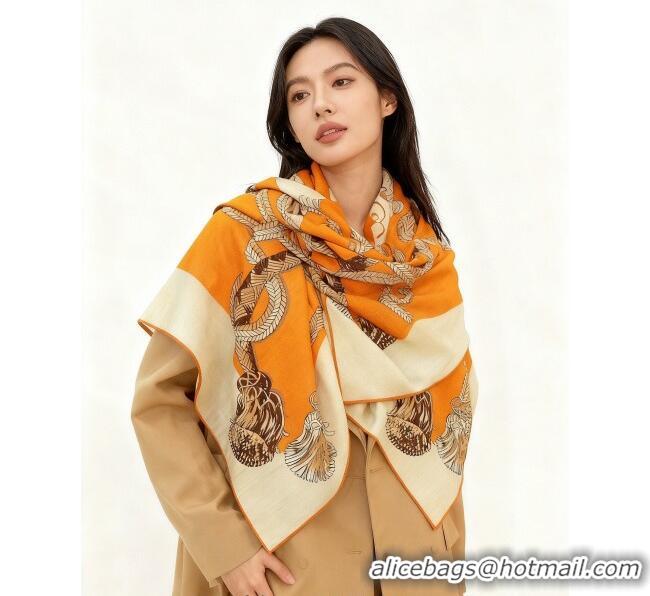 Good Taste Hermes Cord Printed Silk Cashmere Square Scarf 140cm H111137 Orange 2025