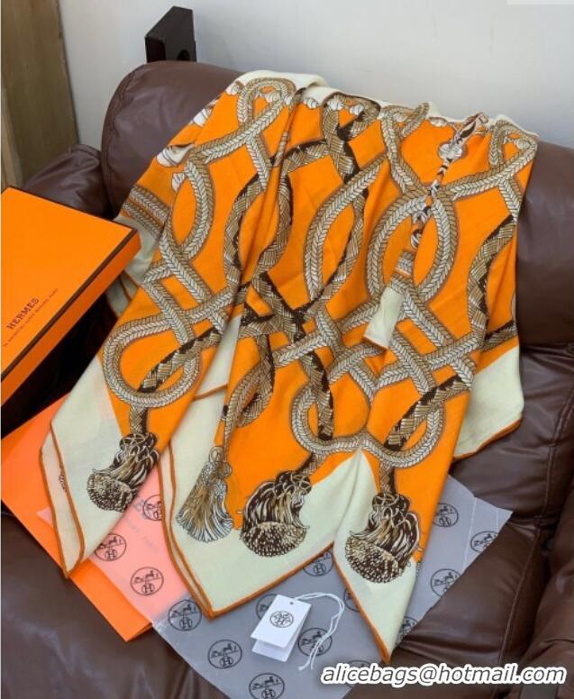 Good Taste Hermes Cord Printed Silk Cashmere Square Scarf 140cm H111137 Orange 2025