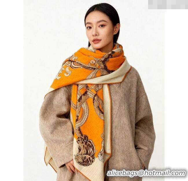 Good Taste Hermes Cord Printed Silk Cashmere Square Scarf 140cm H111137 Orange 2025