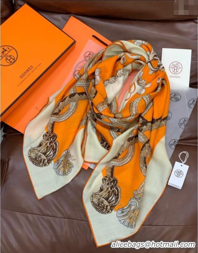 Good Taste Hermes Cord Printed Silk Cashmere Square Scarf 140cm H111137 Orange 2025