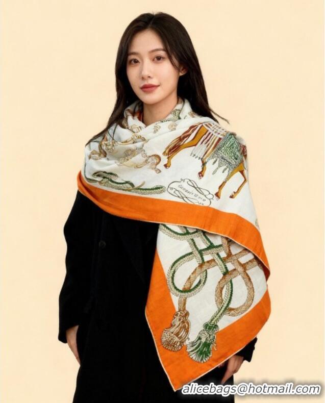 Best Grade Hermes Cord Printed Silk Cashmere Square Scarf 140cm H111137 White 2025