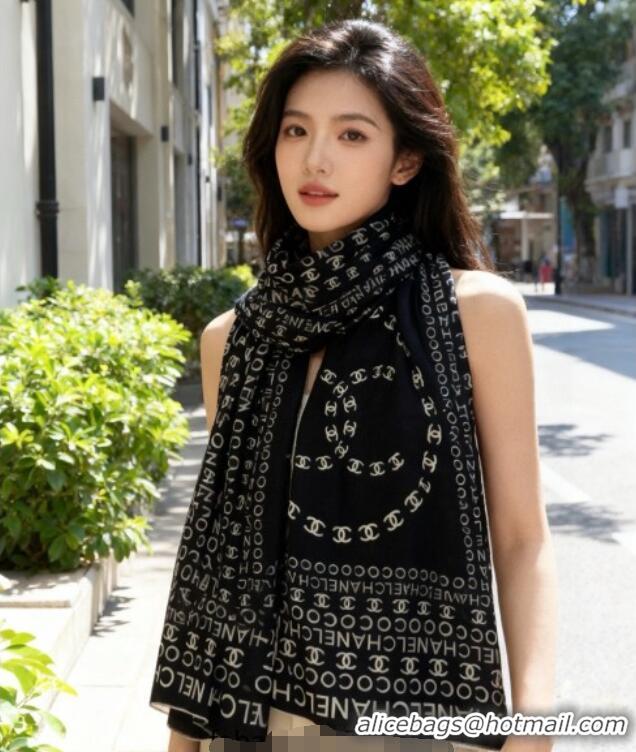 Good Quality Chanel CC Cashmere Silk Square Scarf 135x135cm CH111163 Black 2025